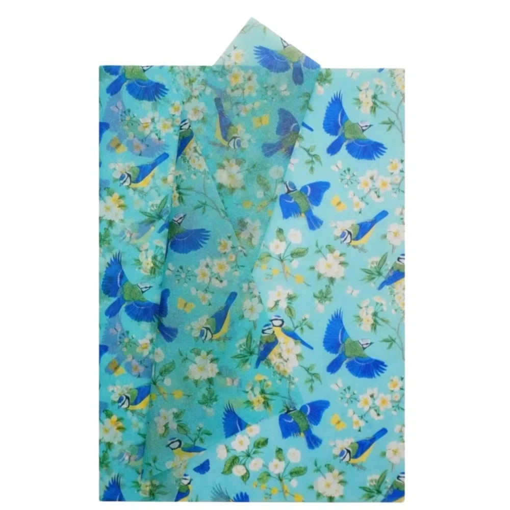 Turquoise Blue Floral & Bird Gift Wrapping Tissue - 5 Individual Sheets